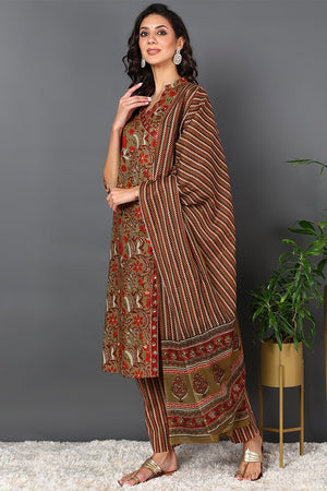 Brown Cotton Ethnic Motifs Printed Suit Set