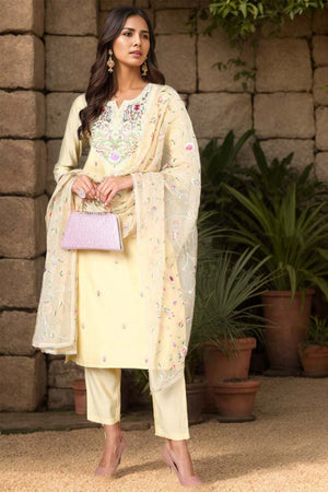 Yellow Silk Blend Solid Embroidered Straight Suit Set