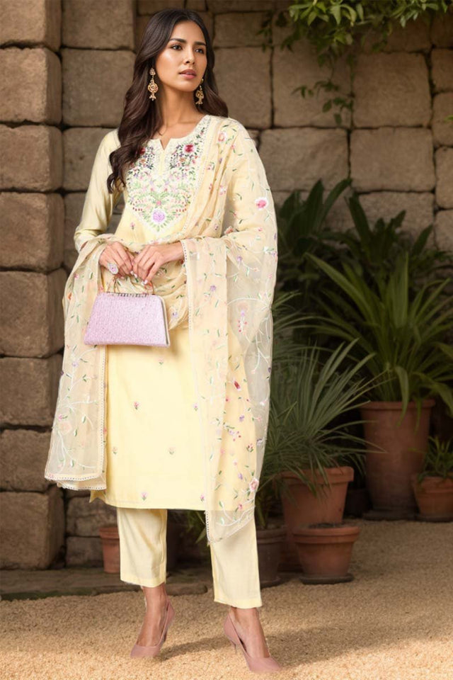 Yellow Silk Blend Solid Embroidered Straight Suit Set