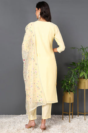 Yellow Silk Blend Solid Embroidered Straight Suit Set