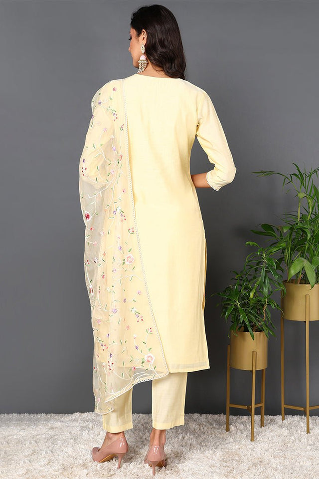 Yellow Silk Blend Solid Embroidered Straight Suit Set