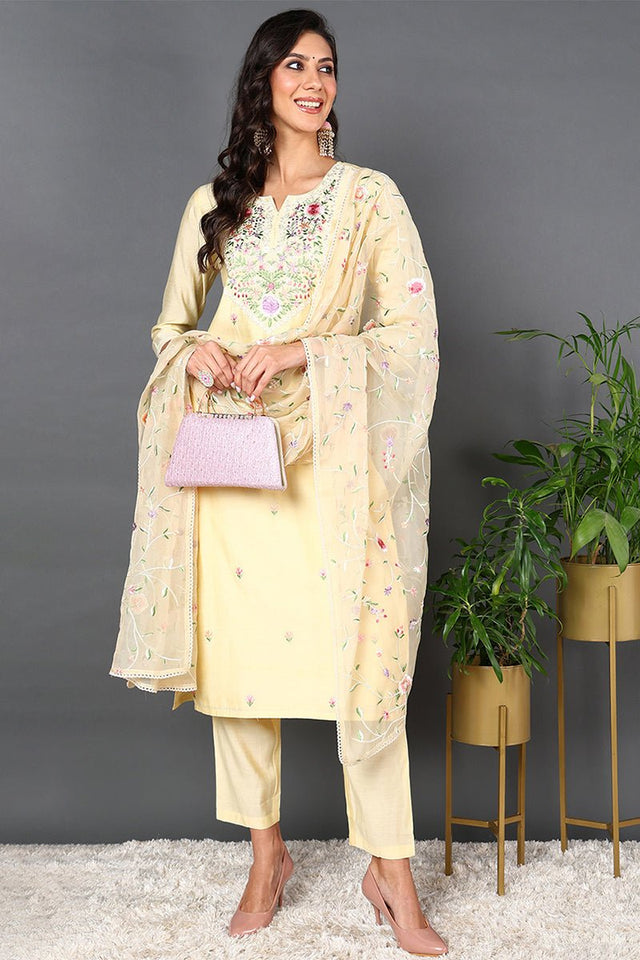 Yellow Silk Blend Solid Embroidered Straight Suit Set