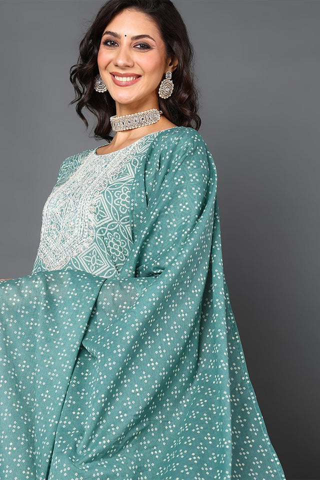Green Cotton Bandhani Printed Straight Suit Set