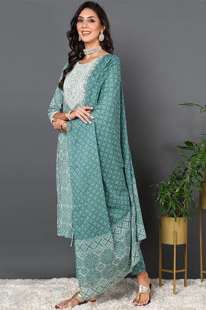 Green Cotton Bandhani Printed Straight Suit Set