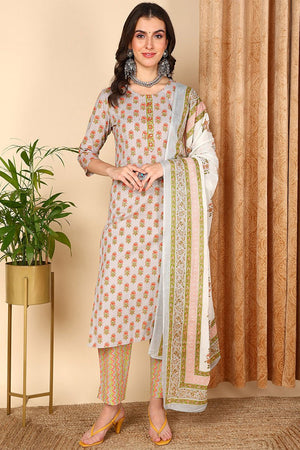 Grey Cotton Ethnic Motifs Printed Straight Suit Set (N2ZVKSKD2006-S)