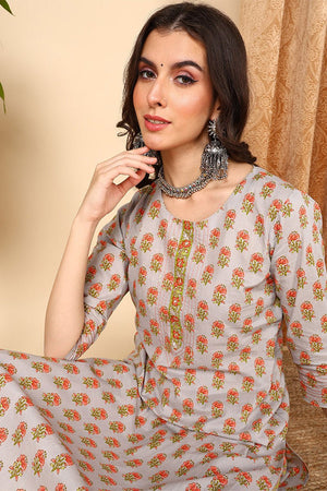 Grey Cotton Ethnic Motifs Printed Straight Suit Set (N2ZVKSKD2006-S)