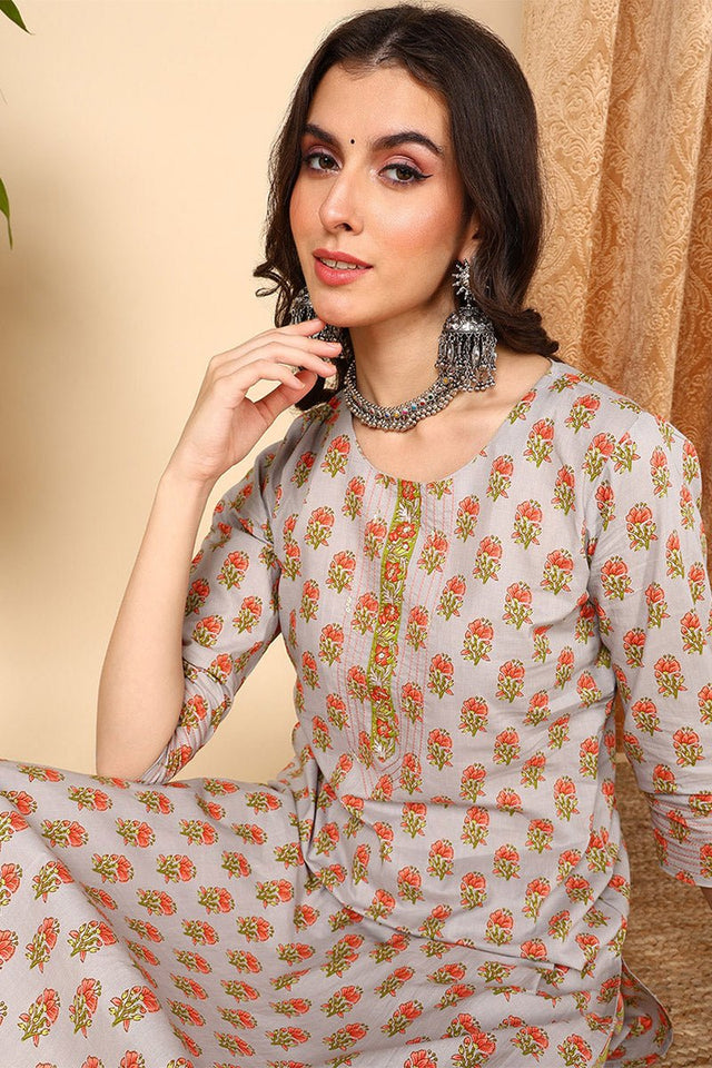 Grey Cotton Ethnic Motifs Printed Straight Suit Set (N2ZVKSKD2006-S)