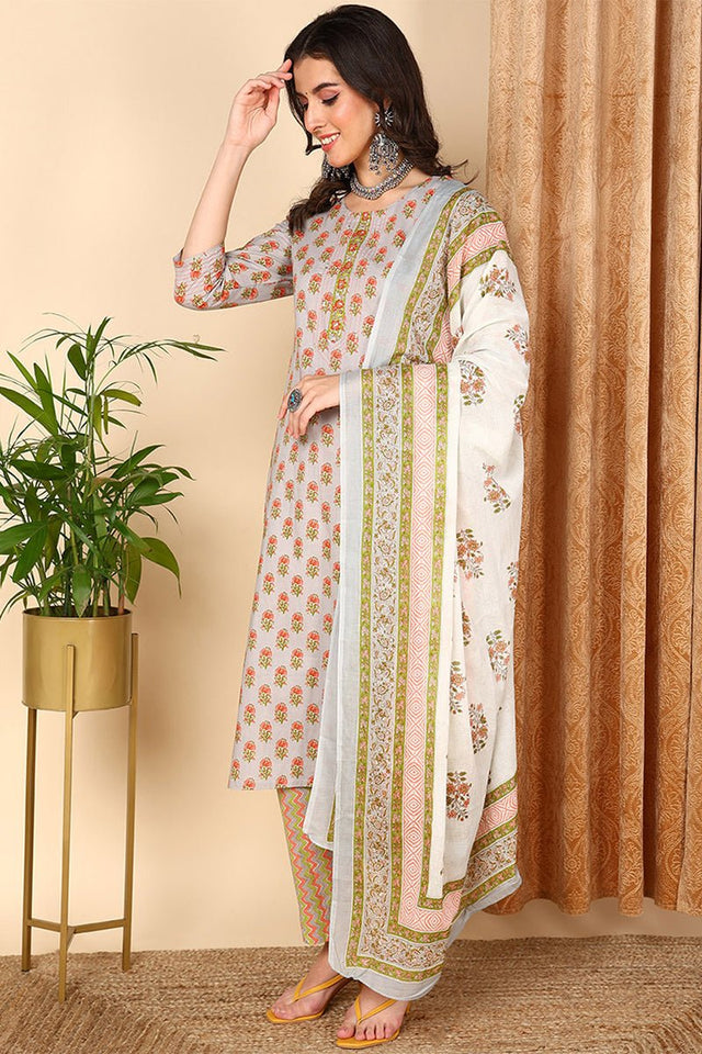 Grey Cotton Ethnic Motifs Printed Straight Suit Set (N2ZVKSKD2006-S)