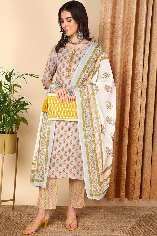 Grey Cotton Ethnic Motifs Printed Straight Suit Set (N2ZVKSKD2006-S)