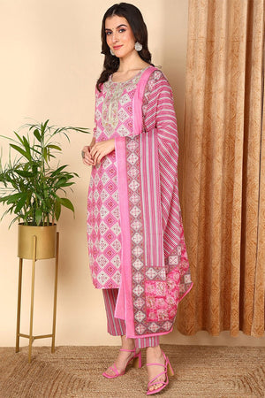 Pink Cotton Geometric Printed Yoke Design Suit Set