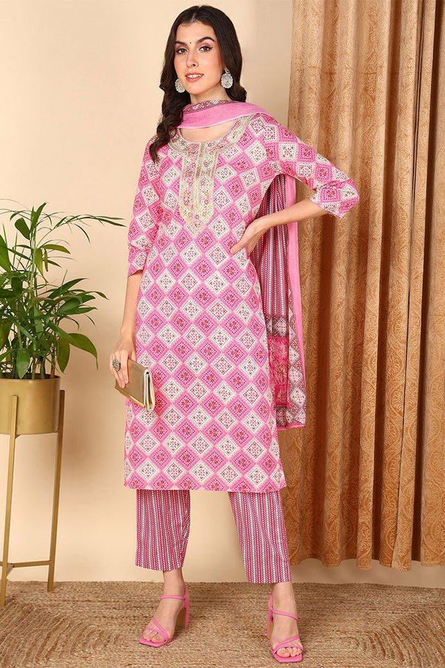 Pink Cotton Geometric Printed Yoke Design Suit Set