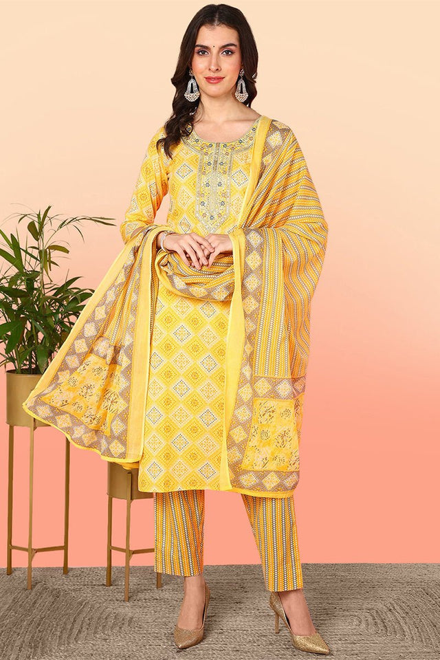 Yellow Cotton Geometric Printed Yoke Design Suit Set