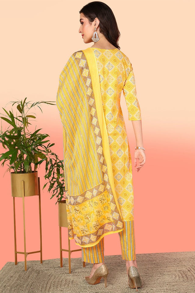 Yellow Cotton Geometric Printed Yoke Design Suit Set