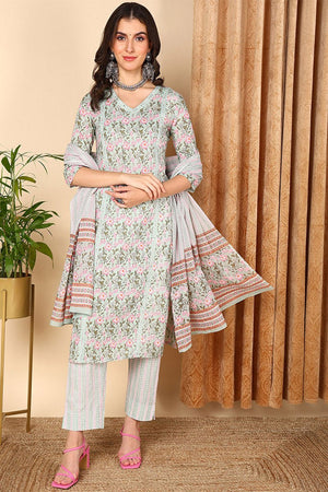 Sea Green Cotton Floral Printed Straight Suit Set