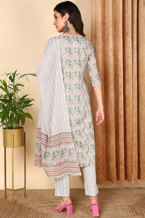 Sea Green Cotton Floral Printed Straight Suit Set