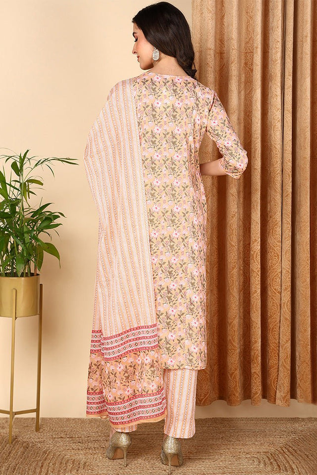 Peach Cotton Floral Printed Straight Suit Set