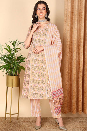 Peach Cotton Floral Printed Straight Suit Set
