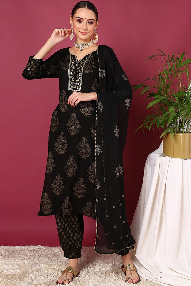 Black Viscose Rayon Solid Woven Design Straight Suit Set