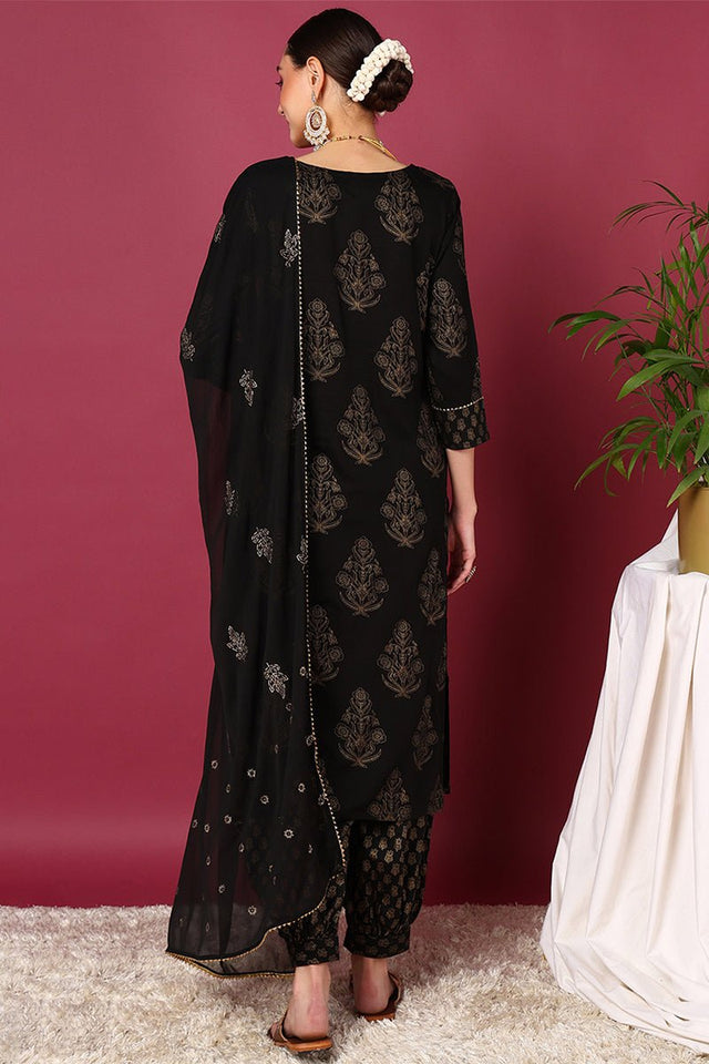 Black Viscose Rayon Solid Woven Design Straight Suit Set