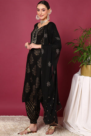 Black Viscose Rayon Solid Woven Design Straight Suit Set