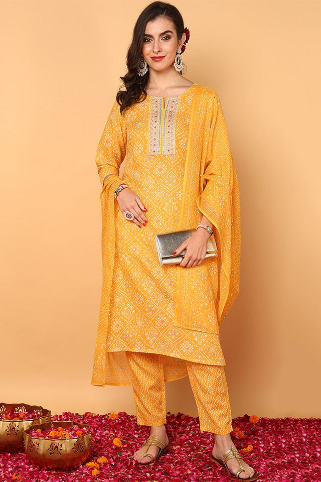 Yellow Poly Cotton Bandhani Printed Straight Suit Set (N2ZVKSKD2093-S)