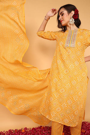 Yellow Poly Cotton Bandhani Printed Straight Suit Set (N2ZVKSKD2093-S)