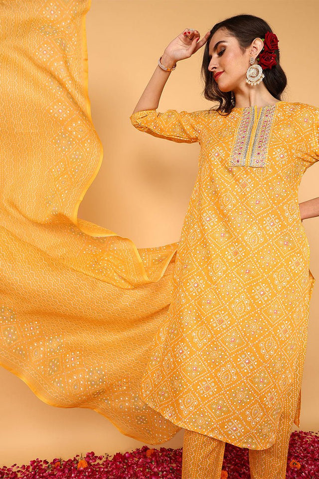 Yellow Poly Cotton Bandhani Printed Straight Suit Set (N2ZVKSKD2093-S)