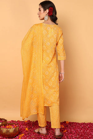 Yellow Poly Cotton Bandhani Printed Straight Suit Set (N2ZVKSKD2093-S)