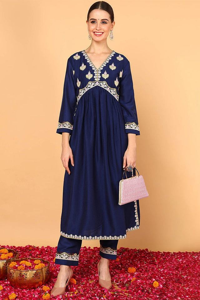 Plus Size Navy Blue Silk Blend Solid Embroidered Flared Kurti Set