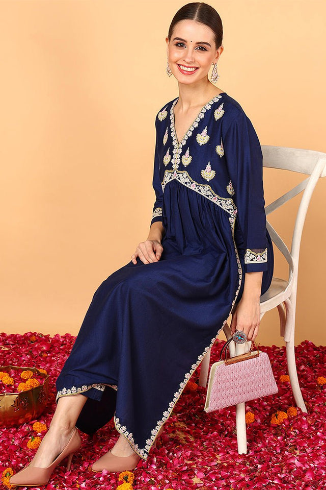 Plus Size Navy Blue Silk Blend Solid Embroidered Flared Kurti Set