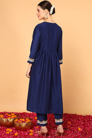 Plus Size Navy Blue Silk Blend Solid Embroidered Flared Kurti Set