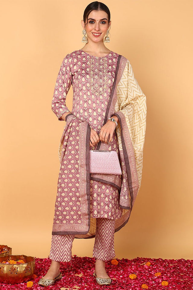 Mauve Silk Blend Ethnic Motifs Printed Straight Suit Set