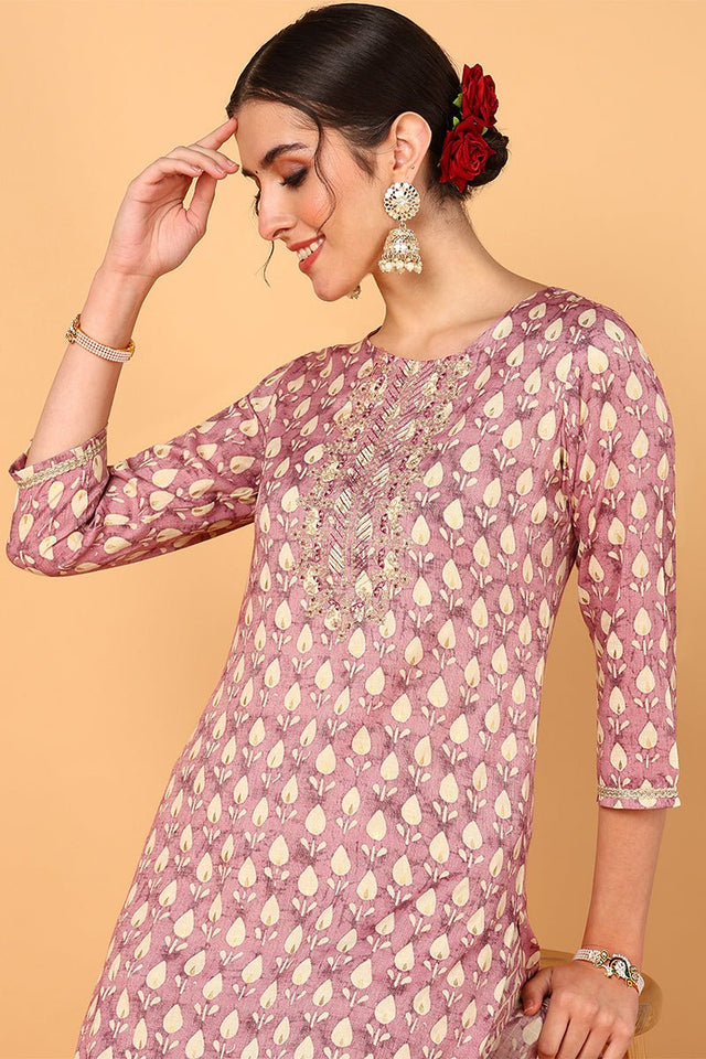 Mauve Silk Blend Ethnic Motifs Printed Straight Suit Set