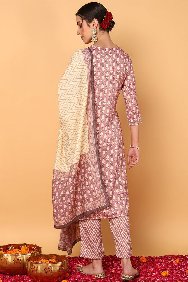 Mauve Silk Blend Ethnic Motifs Printed Straight Suit Set