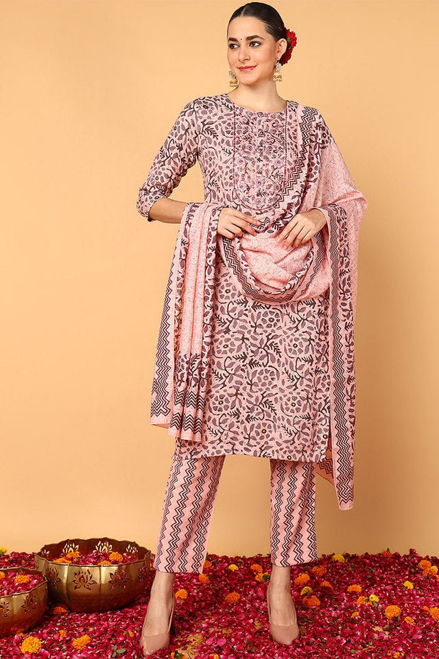 Pink Silk Blend Floral Printed Straight Style Suit Set