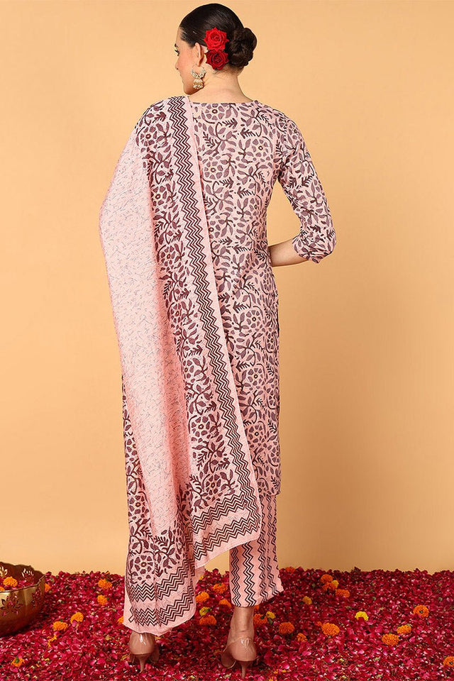 Pink Silk Blend Floral Printed Straight Style Suit Set