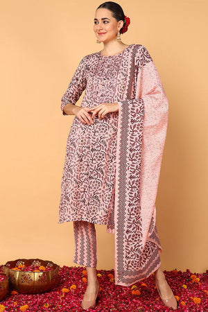 Pink Silk Blend Floral Printed Straight Style Suit Set