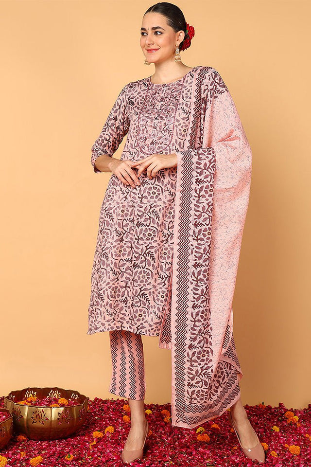 Pink Silk Blend Floral Printed Straight Style Suit Set