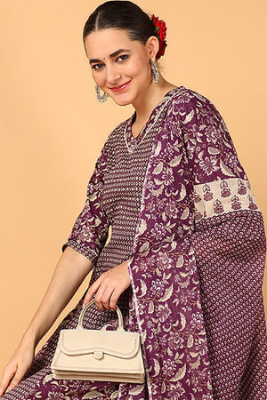 Magenta Cotton Floral Printed Flared Suit Set