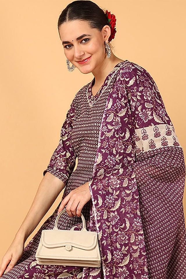 Magenta Cotton Floral Printed Flared Suit Set