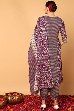Magenta Cotton Floral Printed Flared Suit Set