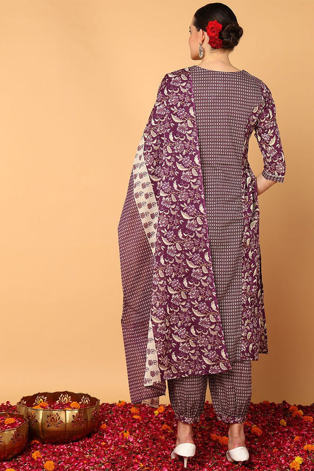 Magenta Cotton Floral Printed Flared Suit Set