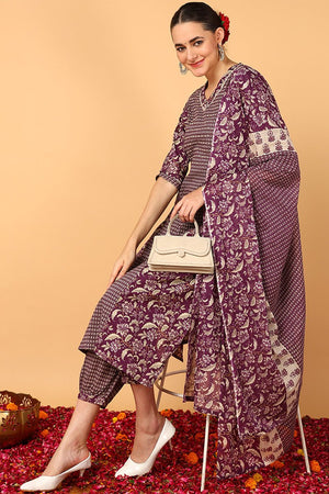 Magenta Cotton Floral Printed Flared Suit Set