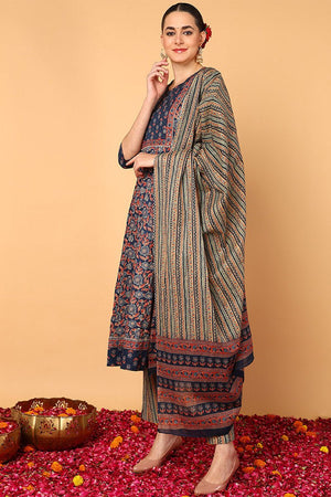 Blue Cotton Floral Printed Flared Style Suit Set