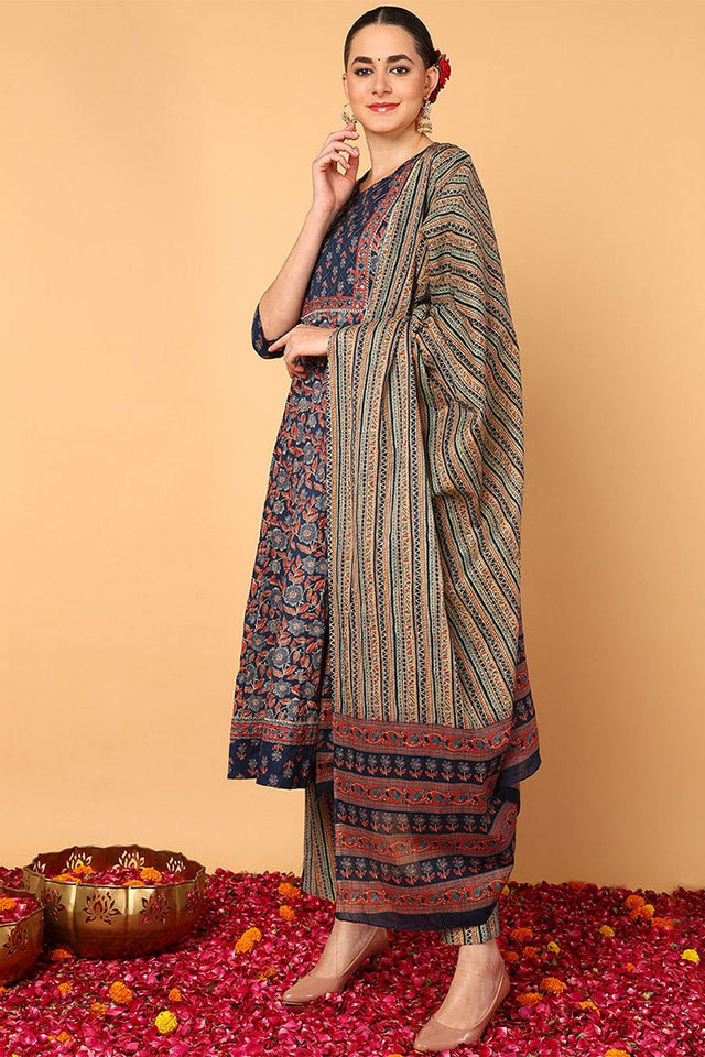 Blue Cotton Floral Printed Flared Style Suit Set