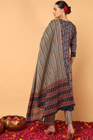 Blue Cotton Floral Printed Flared Style Suit Set