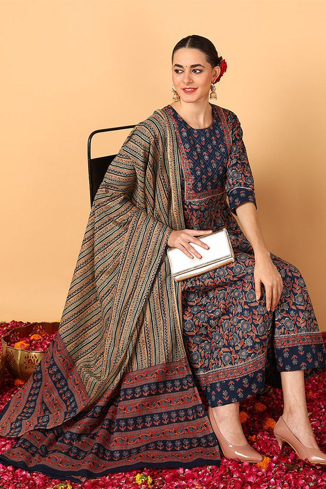 Blue Cotton Floral Printed Flared Style Suit Set