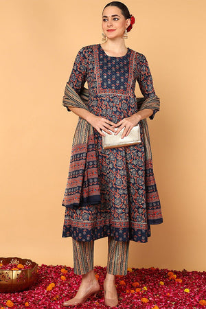 Blue Cotton Floral Printed Flared Style Suit Set