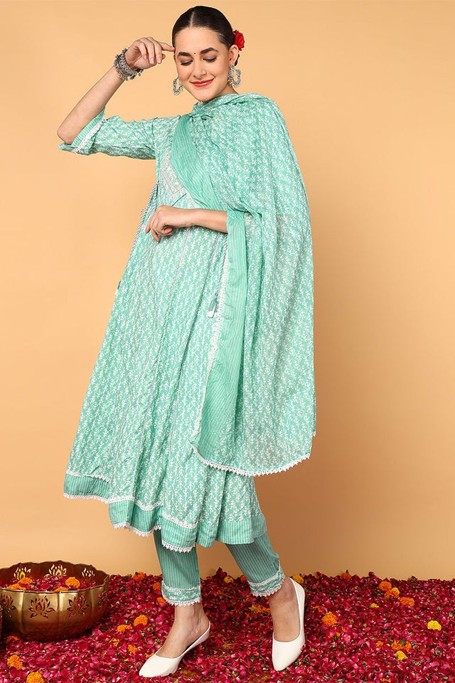 Sea Green Viscose Rayon Ethnic Motifs Printed Flared Suit Set