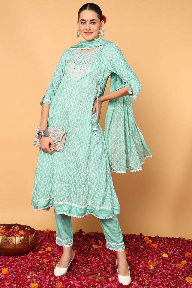 Sea Green Viscose Rayon Ethnic Motifs Printed Flared Suit Set